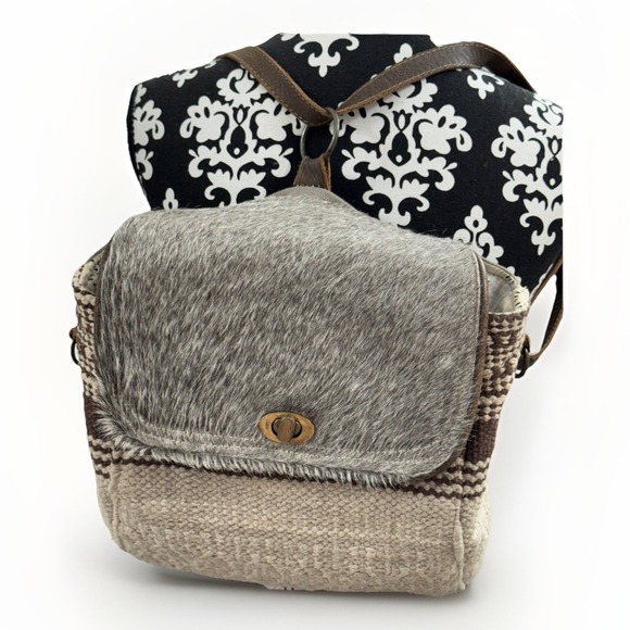 Myra Bag Convertible Crossbody Backpack Cow Hair On Hide Canvas Leather Strap - Picture 3 of 12